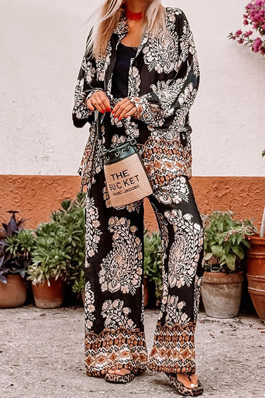 Conjunto informal de dos piezas con estampado floral, bolsillos, botones, cuello vuelto, manga larga