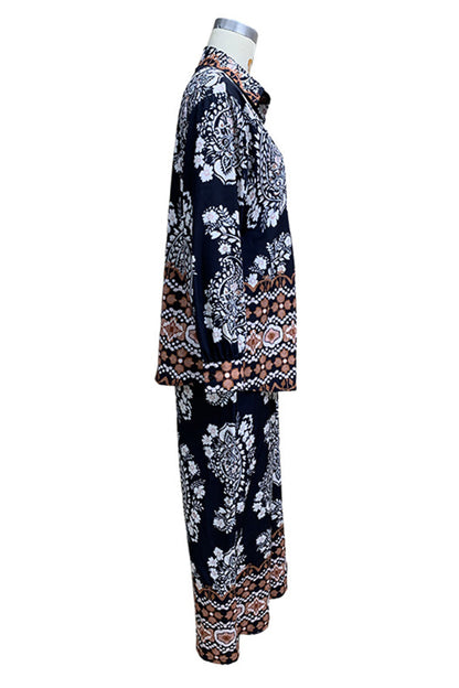 Casual Vacation Floral Print Pocket Buttons Turndown Collar Long Sleeve Two Pieces