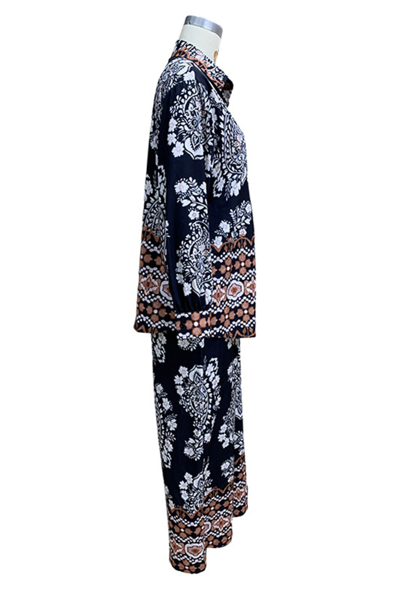 Conjunto informal de dos piezas con estampado floral, bolsillos, botones, cuello vuelto, manga larga