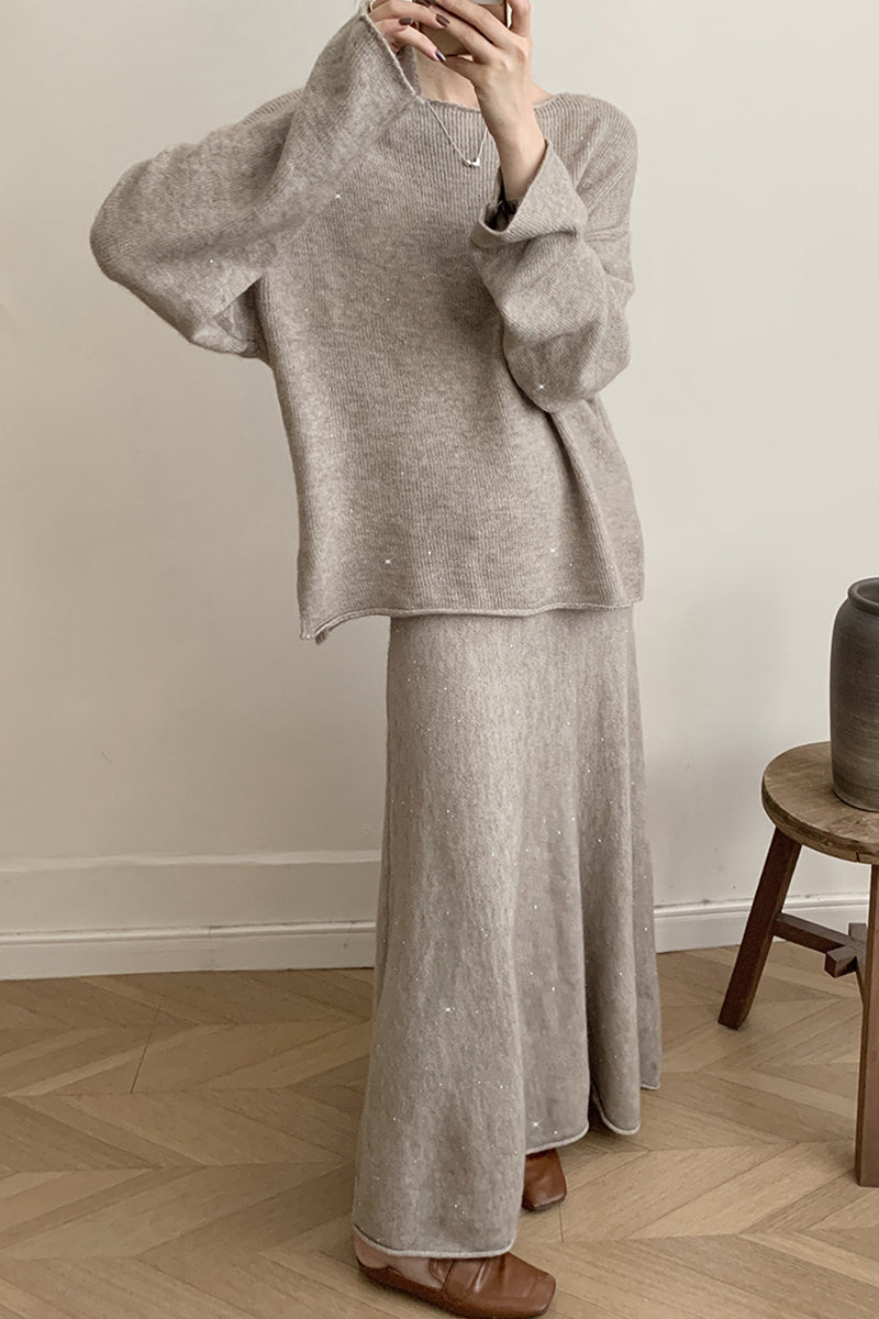 Elegante conjunto de dos piezas con lentejuelas y cuello redondo, manga larga (5 colores)