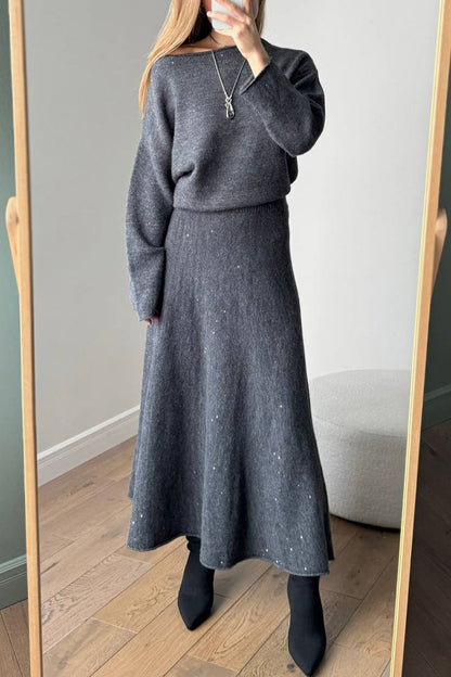 Elegante conjunto de dos piezas con lentejuelas y cuello redondo, manga larga (5 colores)