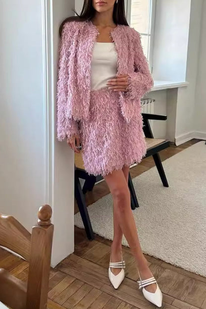 Conjunto de dos piezas elegante con flecos y cuello redondo, manga larga (3 colores)