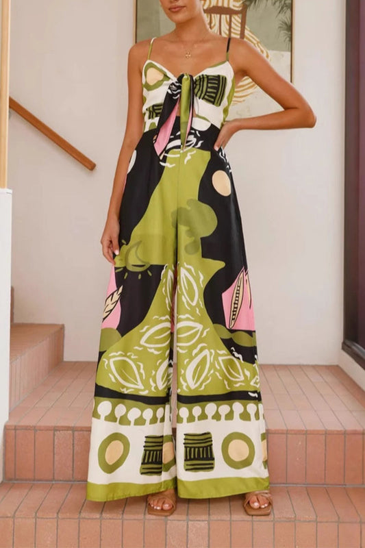 Mono informal de vacaciones con estampado floral, bolsillos, cordones y cuello en V