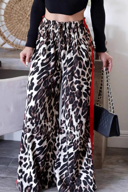 Pantalones casuales de uso diario con estampado completo, de rayas, leopardo y patchwork, holgados, de cintura alta y pierna ancha