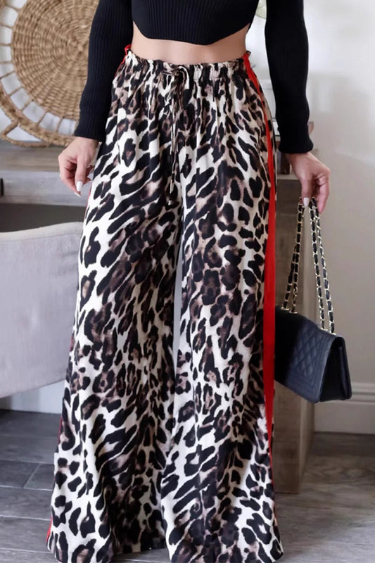 Pantalones casuales de uso diario con estampado completo, de rayas, leopardo y patchwork, holgados, de cintura alta y pierna ancha