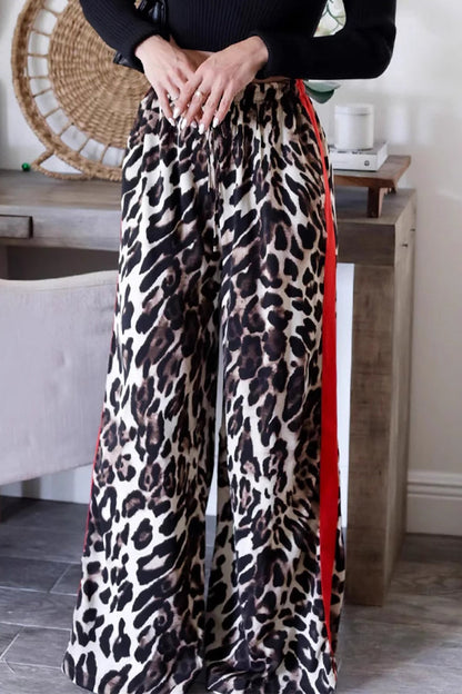 Pantalones casuales de uso diario con estampado completo, de rayas, leopardo y patchwork, holgados, de cintura alta y pierna ancha