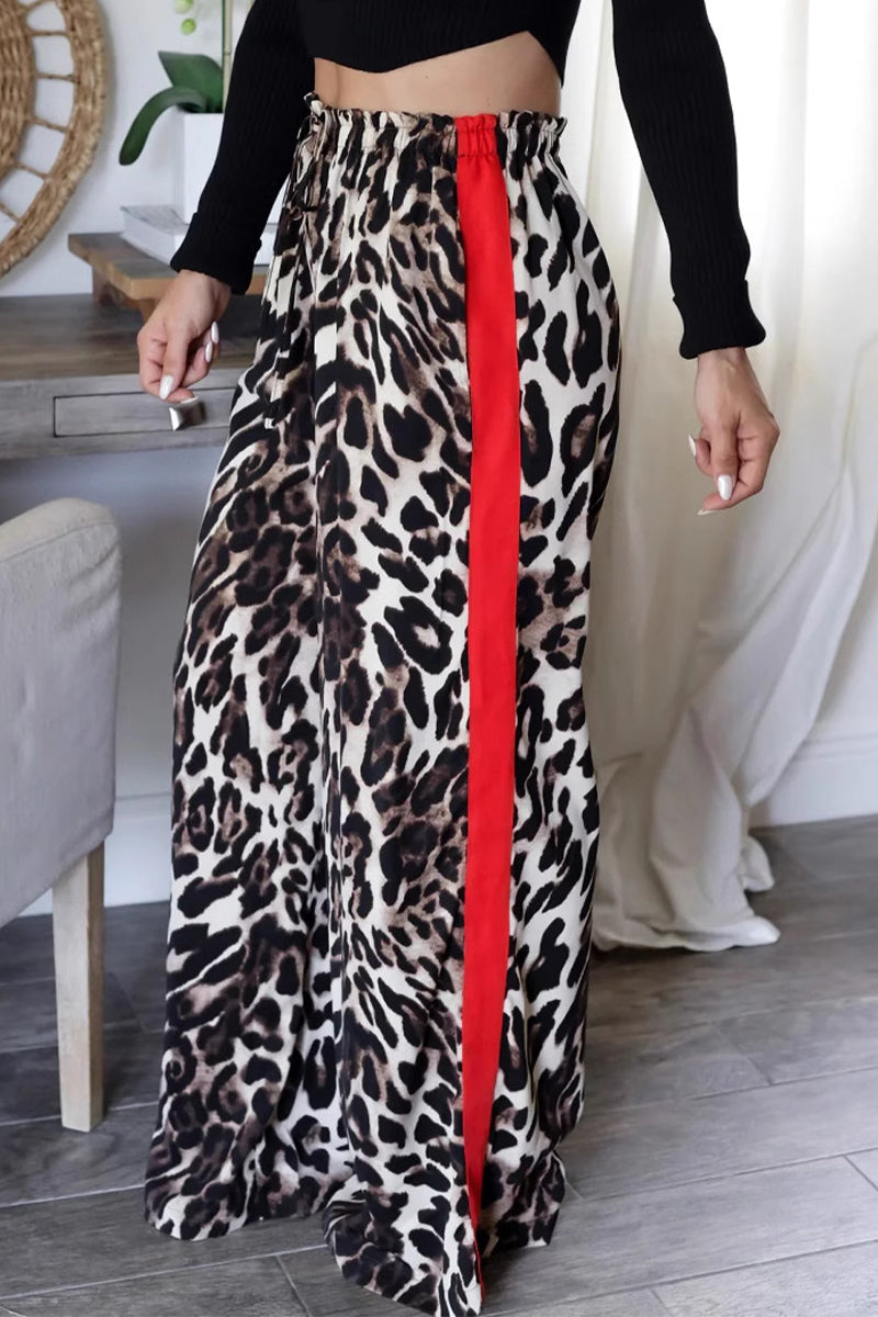 Pantalones casuales de uso diario con estampado completo, de rayas, leopardo y patchwork, holgados, de cintura alta y pierna ancha