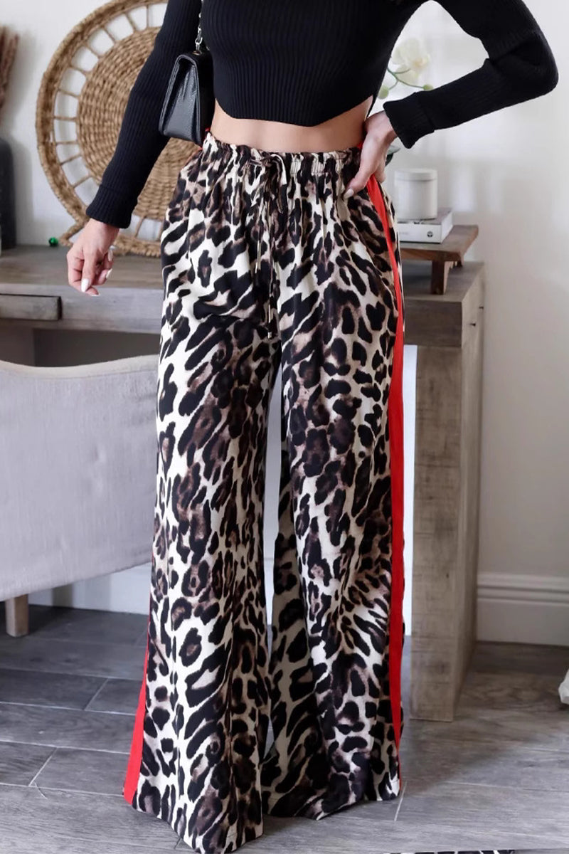 Pantalones casuales de uso diario con estampado completo, de rayas, leopardo y patchwork, holgados, de cintura alta y pierna ancha