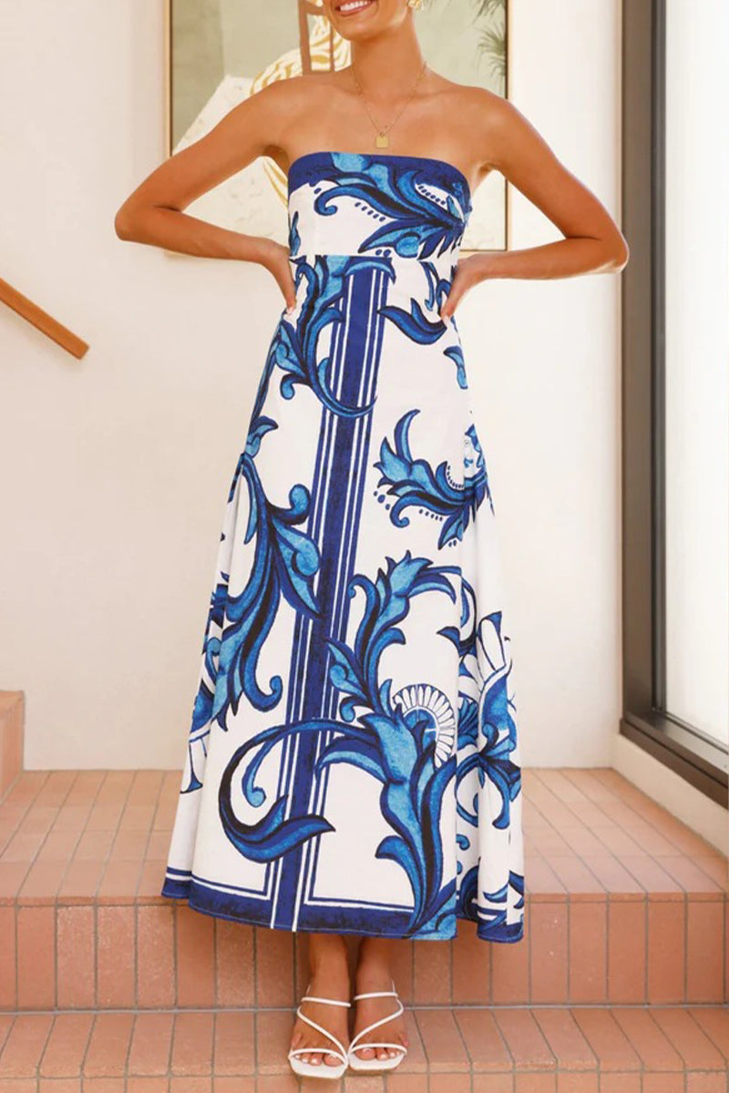 Vestidos casuales de vacaciones con estampado floral en contraste, sin tirantes