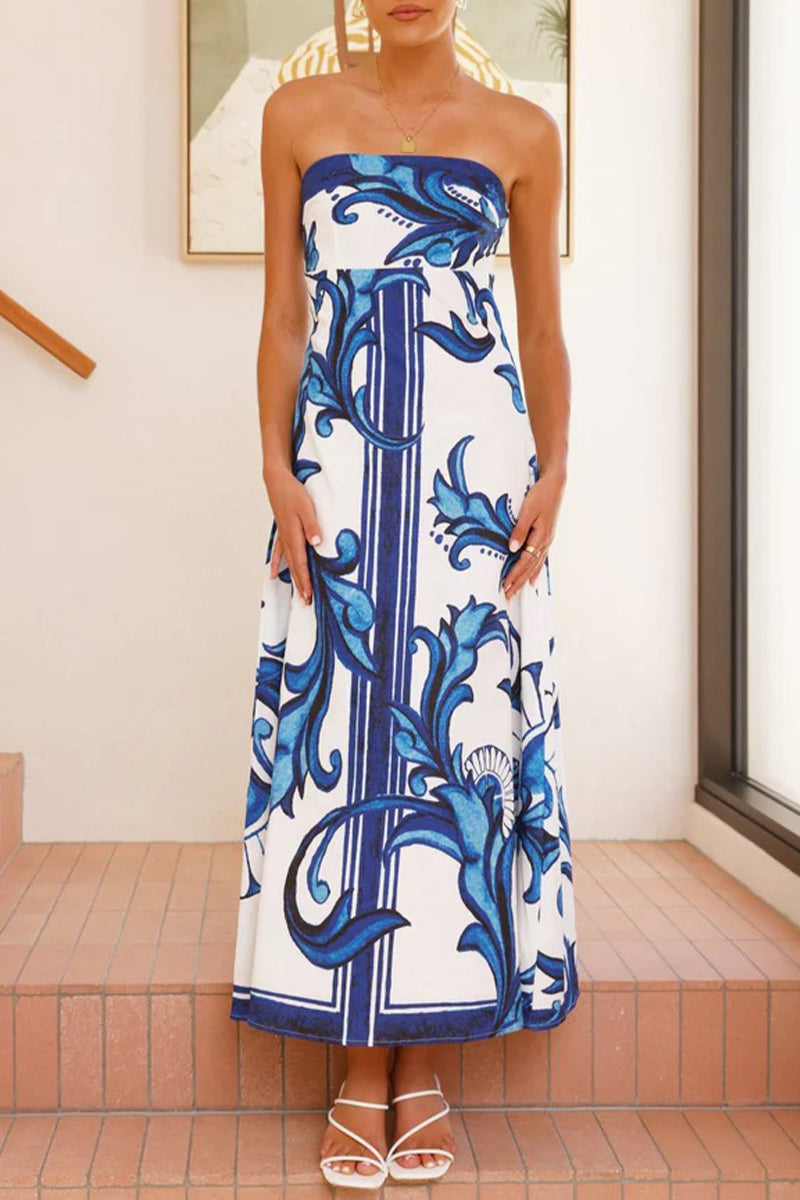Vestidos casuales de vacaciones con estampado floral en contraste, sin tirantes