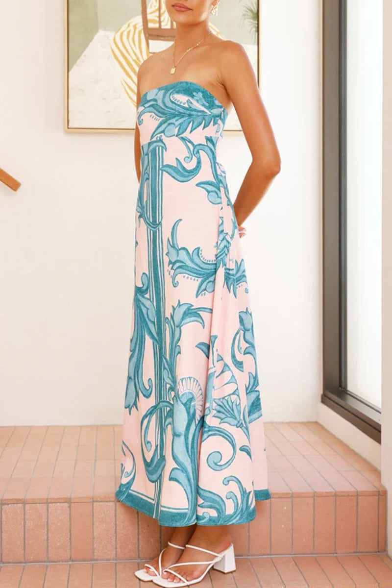 Vestidos casuales de vacaciones con estampado floral en contraste, sin tirantes