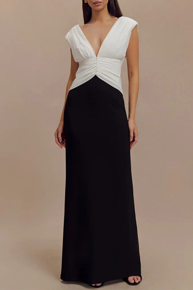 Vestidos largos sexys con escote en V, fruncidos y en contraste, sin espalda