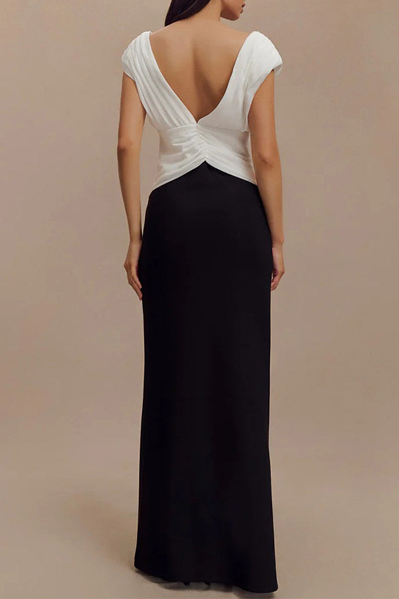 Vestidos largos sexys con escote en V, fruncidos y en contraste, sin espalda