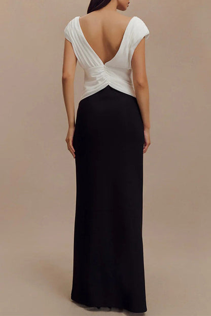 Vestidos largos sexys con escote en V, fruncidos y en contraste, sin espalda