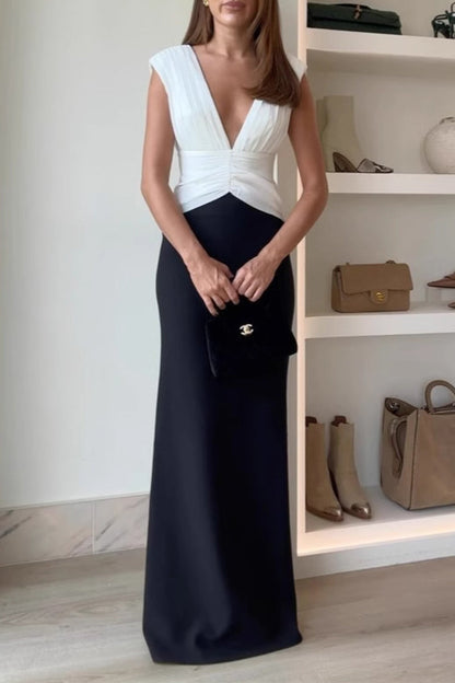 Vestidos largos sexys con escote en V, fruncidos y en contraste, sin espalda