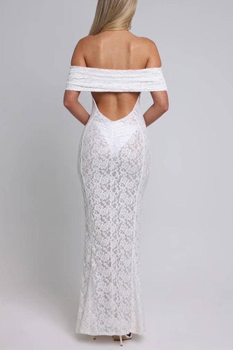 Vestidos largos sexis de encaje con espalda descubierta y cola de pez con hombros descubiertos