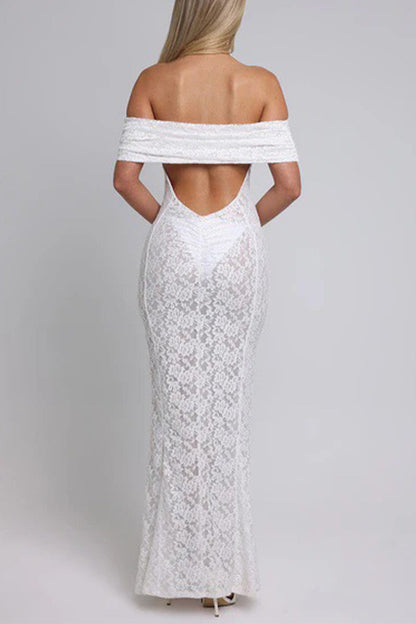 Vestidos largos sexis de encaje con espalda descubierta y cola de pez con hombros descubiertos