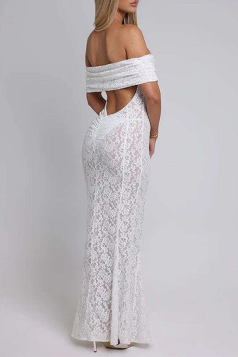Vestidos largos sexis de encaje con espalda descubierta y cola de pez con hombros descubiertos