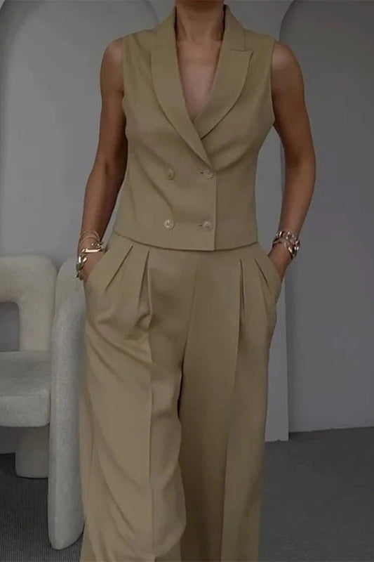 Conjunto informal de dos piezas con bolsillos, fruncido y cuello vuelto, sin mangas
