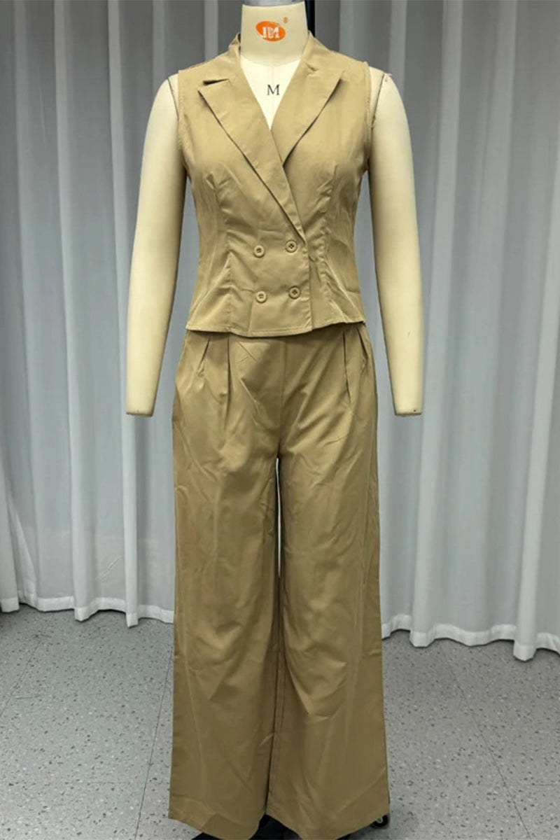 Conjunto informal de dos piezas con bolsillos, fruncido y cuello vuelto, sin mangas