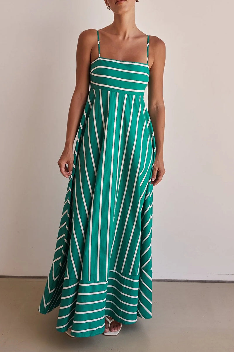 Vestidos casuales de vacaciones con rayas, espalda descubierta, escote cuadrado en contraste y tirantes