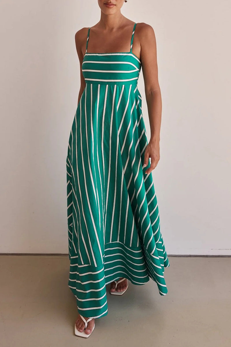 Vestidos casuales de vacaciones con rayas, espalda descubierta, escote cuadrado en contraste y tirantes
