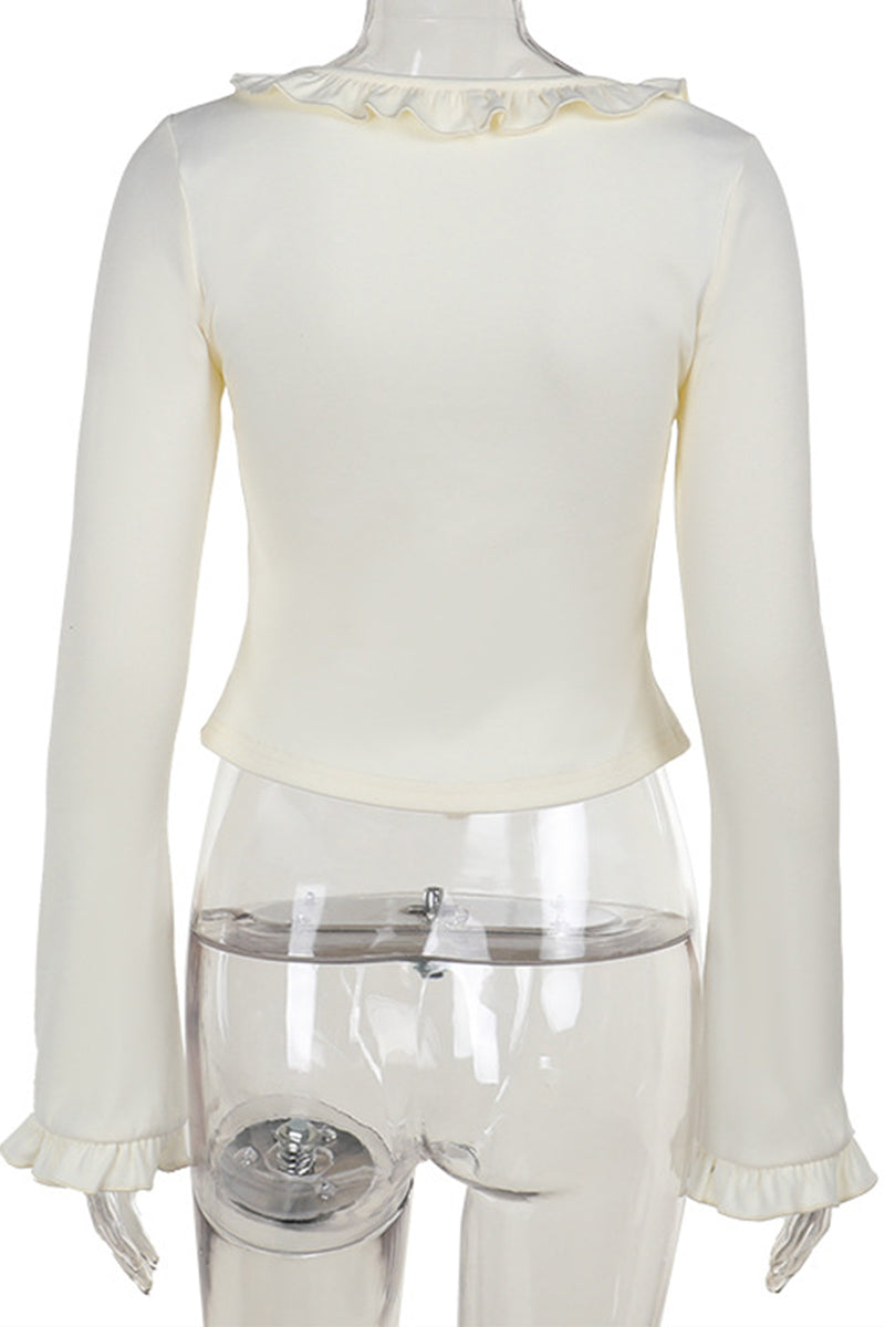 Blusa informal con cuello en V, aberturas y cordones con orillo fibroso