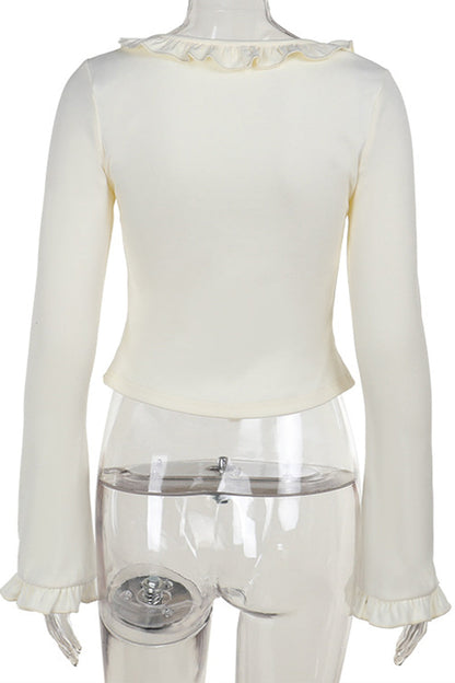Blusa informal con cuello en V, aberturas y cordones con orillo fibroso