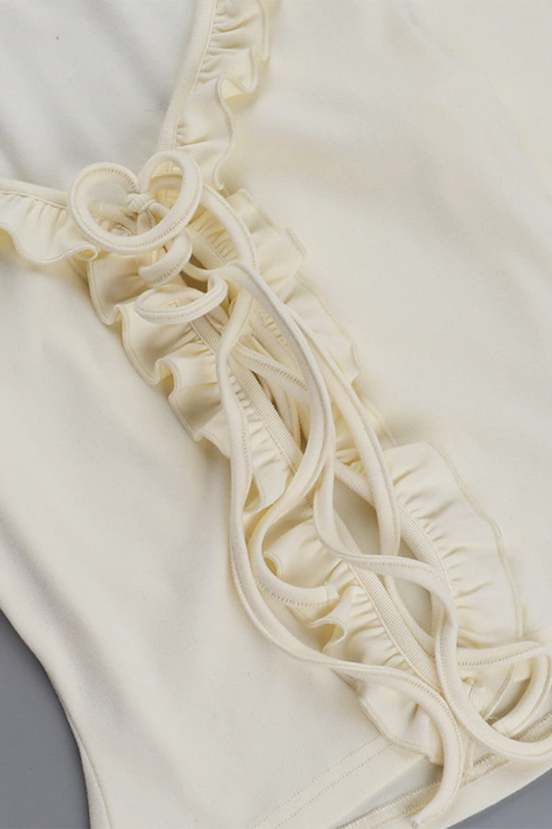 Blusa informal con cuello en V, aberturas y cordones con orillo fibroso