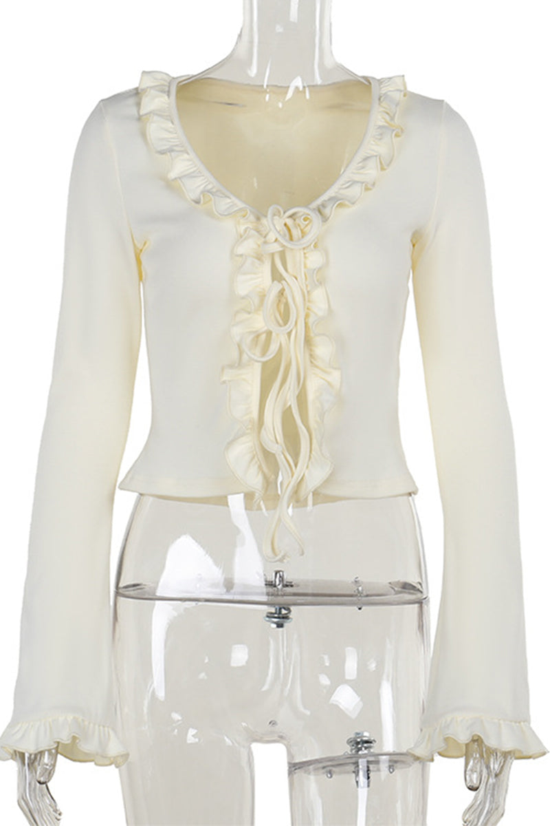 Blusa informal con cuello en V, aberturas y cordones con orillo fibroso