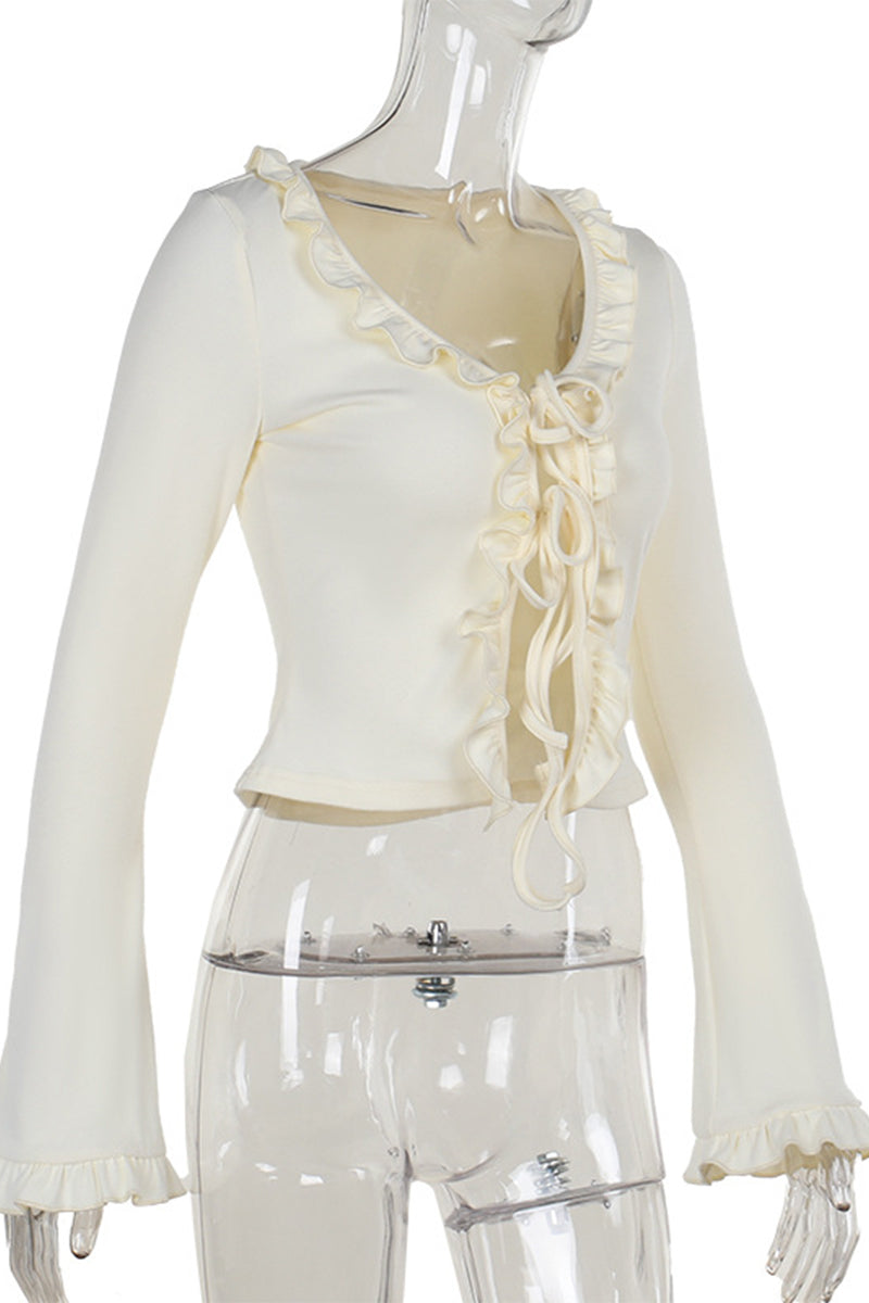 Blusa informal con cuello en V, aberturas y cordones con orillo fibroso
