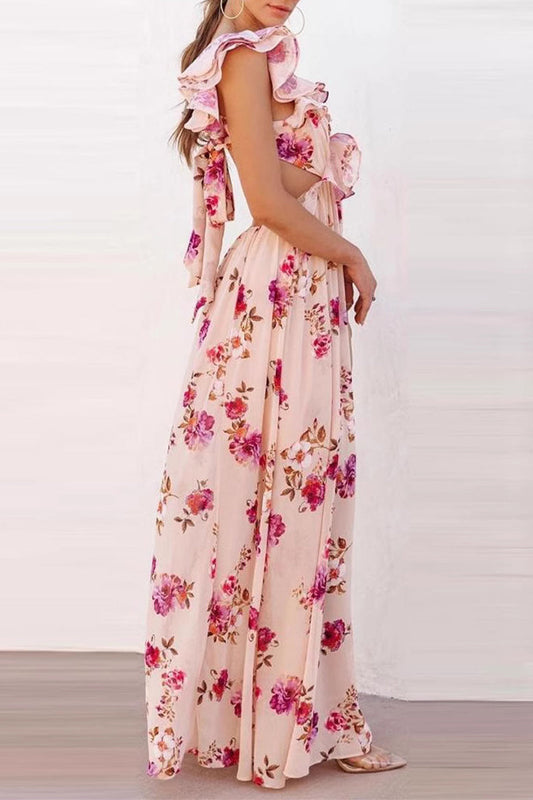 Vestidos largos sexys de vacaciones con estampado floral, cordones, cadenas, volantes y cuello en V