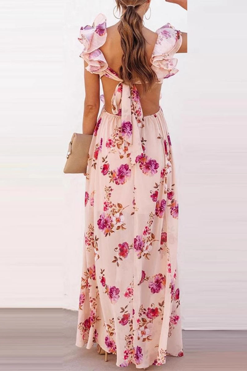Vestidos largos sexys de vacaciones con estampado floral, cordones, cadenas, volantes y cuello en V