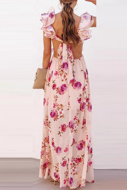 Vestidos largos sexys de vacaciones con estampado floral, cordones, cadenas, volantes y cuello en V
