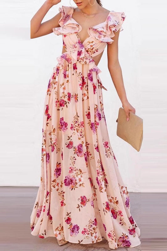 Vestidos largos sexys de vacaciones con estampado floral, cordones, cadenas, volantes y cuello en V
