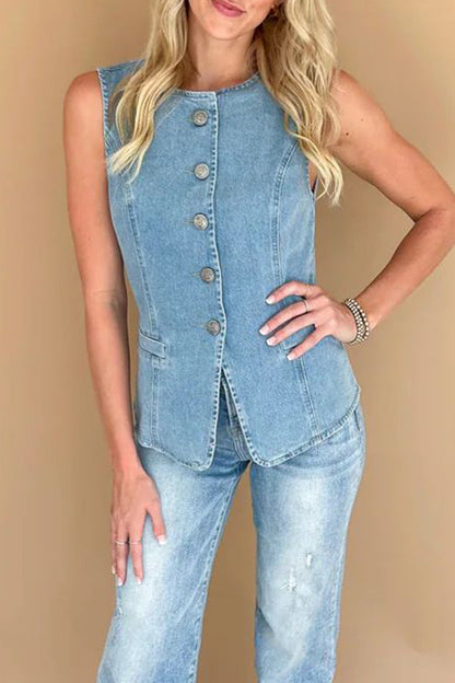 Chaqueta vaquera informal de uso diario con botones, cuello redondo y sin mangas