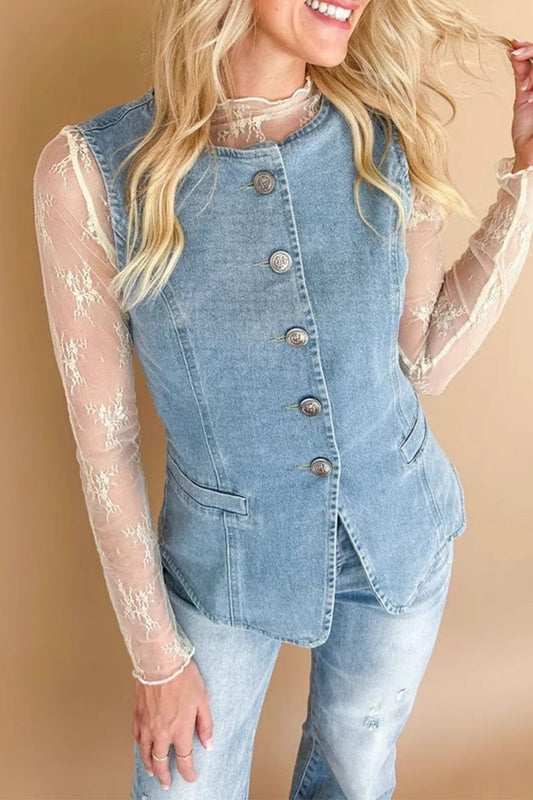 Chaqueta vaquera informal de uso diario con botones, cuello redondo y sin mangas