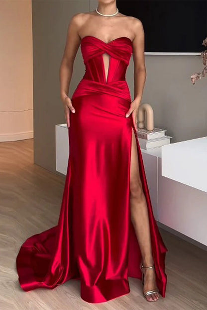 Vestidos de noche sexys con abertura y fruncido sin tirantes para fiesta de graduación