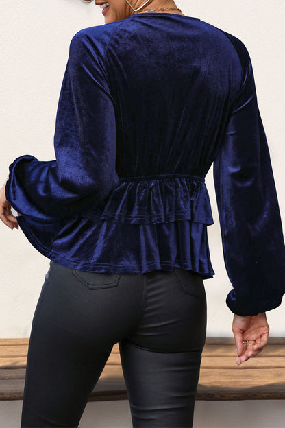 Elegantes blusas de terciopelo fruncido con cuello en V