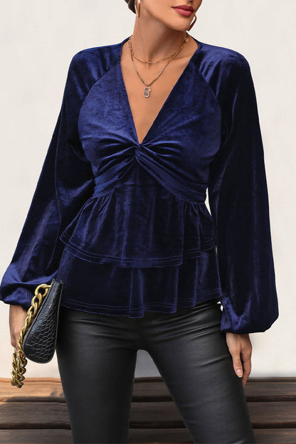 Elegantes blusas de terciopelo fruncido con cuello en V