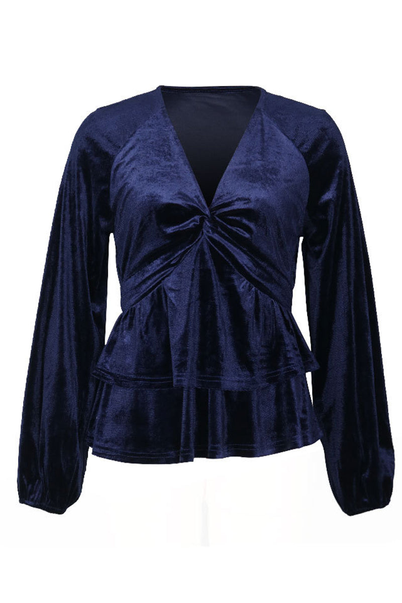 Elegantes blusas de terciopelo fruncido con cuello en V