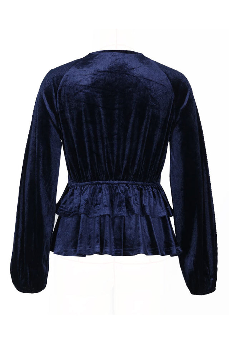 Elegantes blusas de terciopelo fruncido con cuello en V