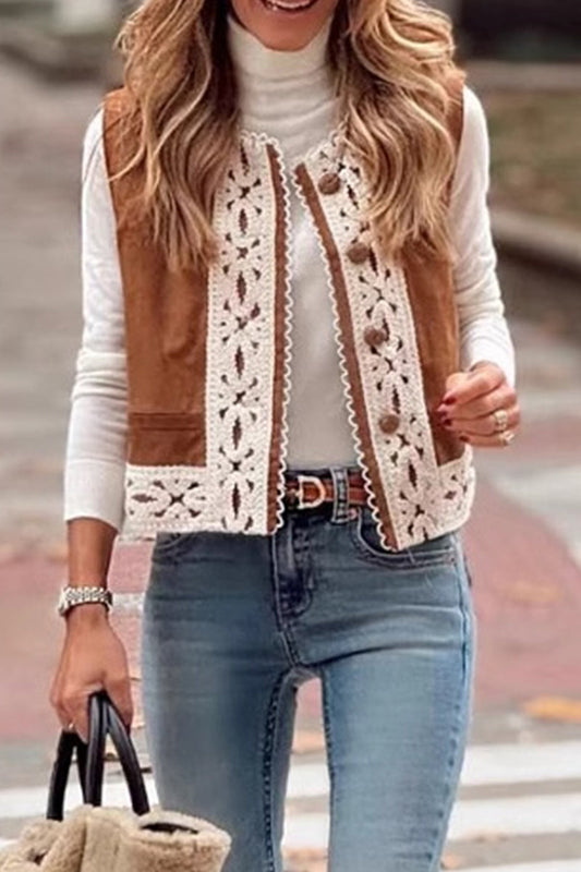Chalecos casuales de cuello redondo con patchwork de encaje