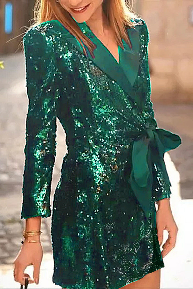 Vestido de traje sexy con lentejuelas, encaje y cuello vuelto (4 colores)