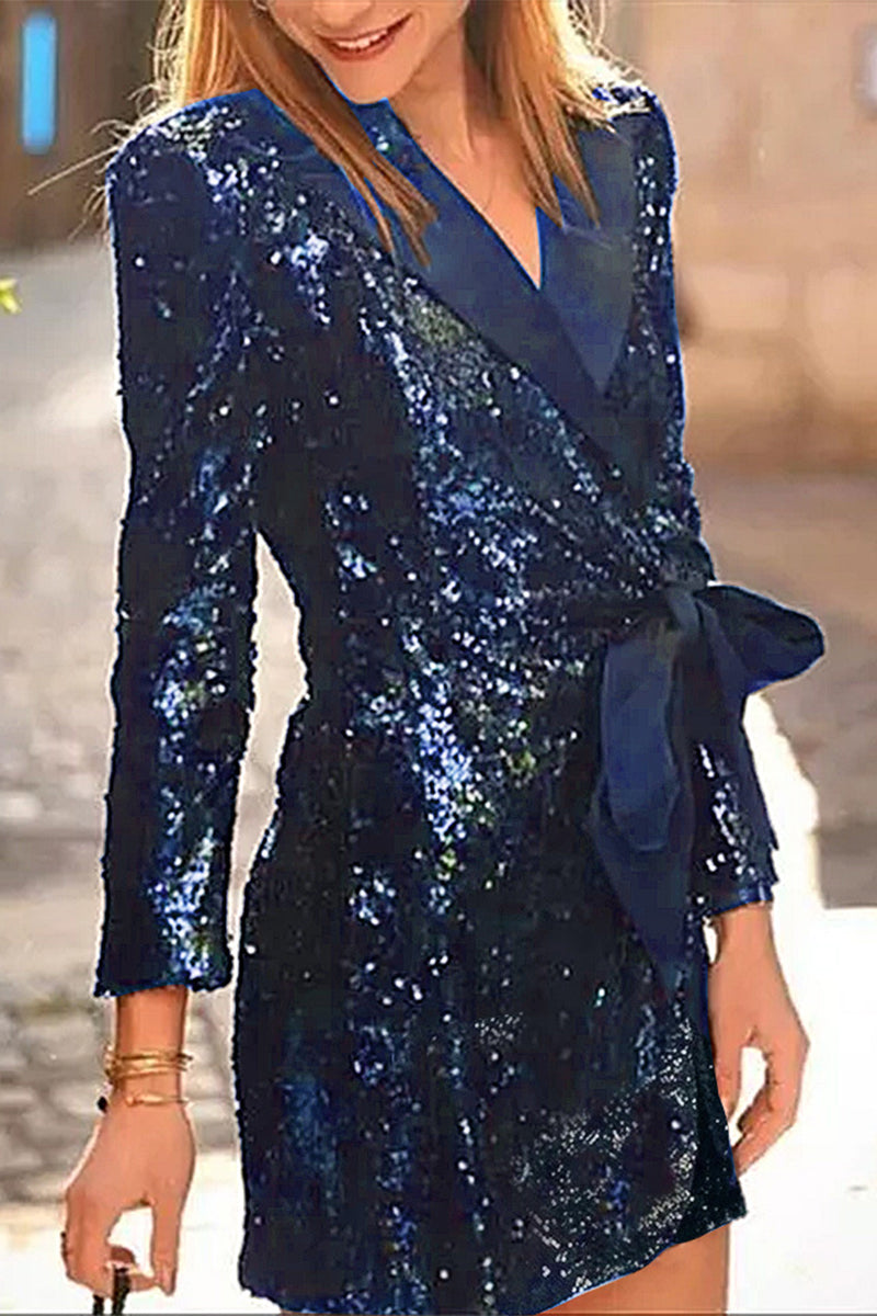 Vestido de traje sexy con lentejuelas, encaje y cuello vuelto (4 colores)
