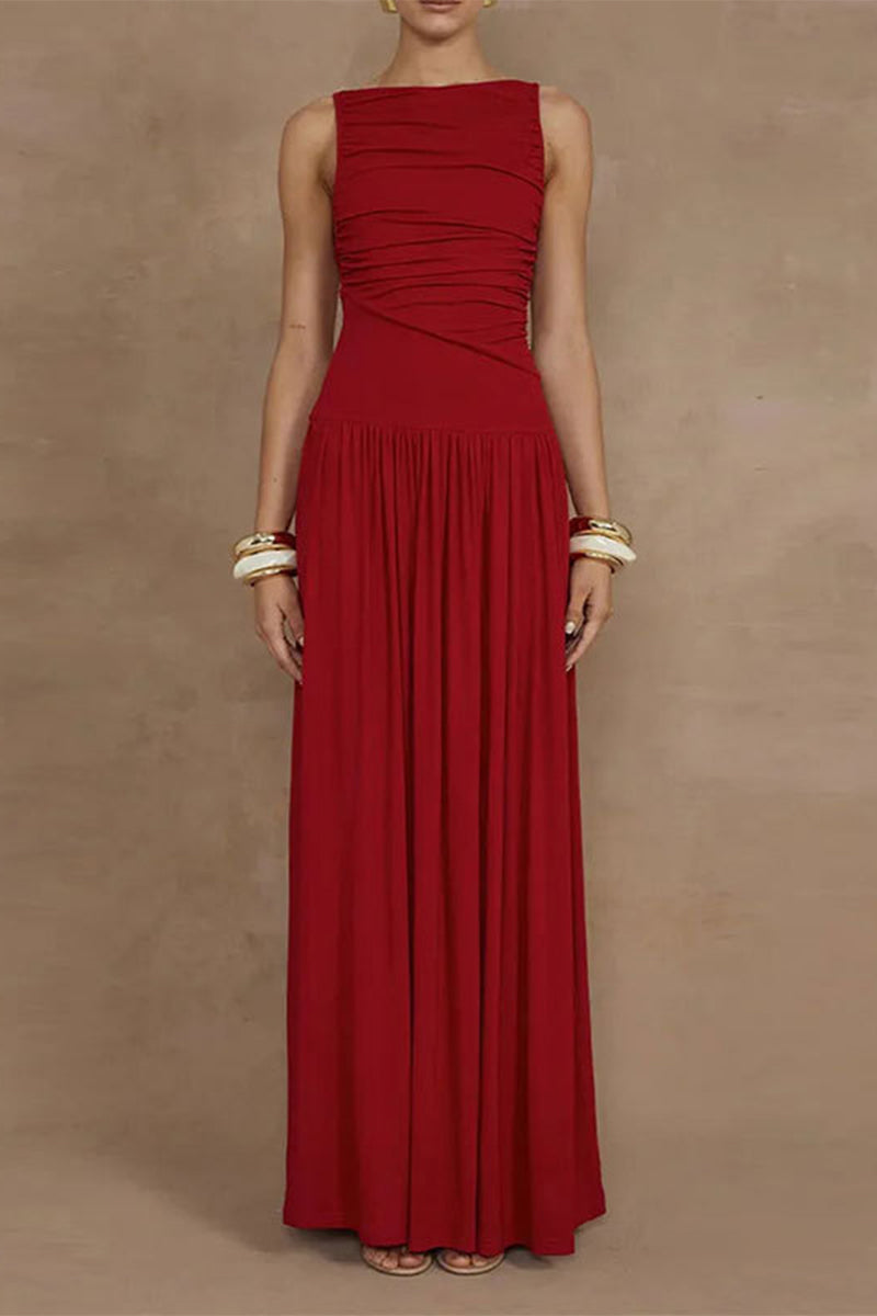Vestidos largos casuales de color sólido con cuello redondo fruncido
