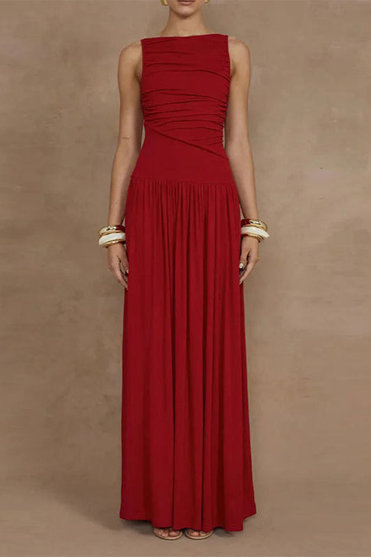 Vestidos largos casuales de color sólido con cuello redondo fruncido
