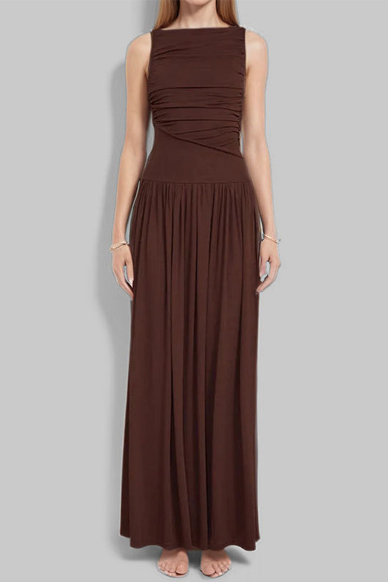 Vestidos largos casuales de color sólido con cuello redondo fruncido