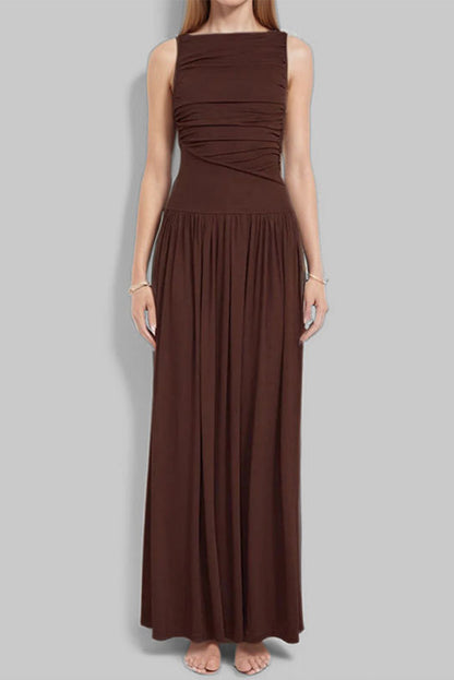 Vestidos largos casuales de color sólido con cuello redondo fruncido