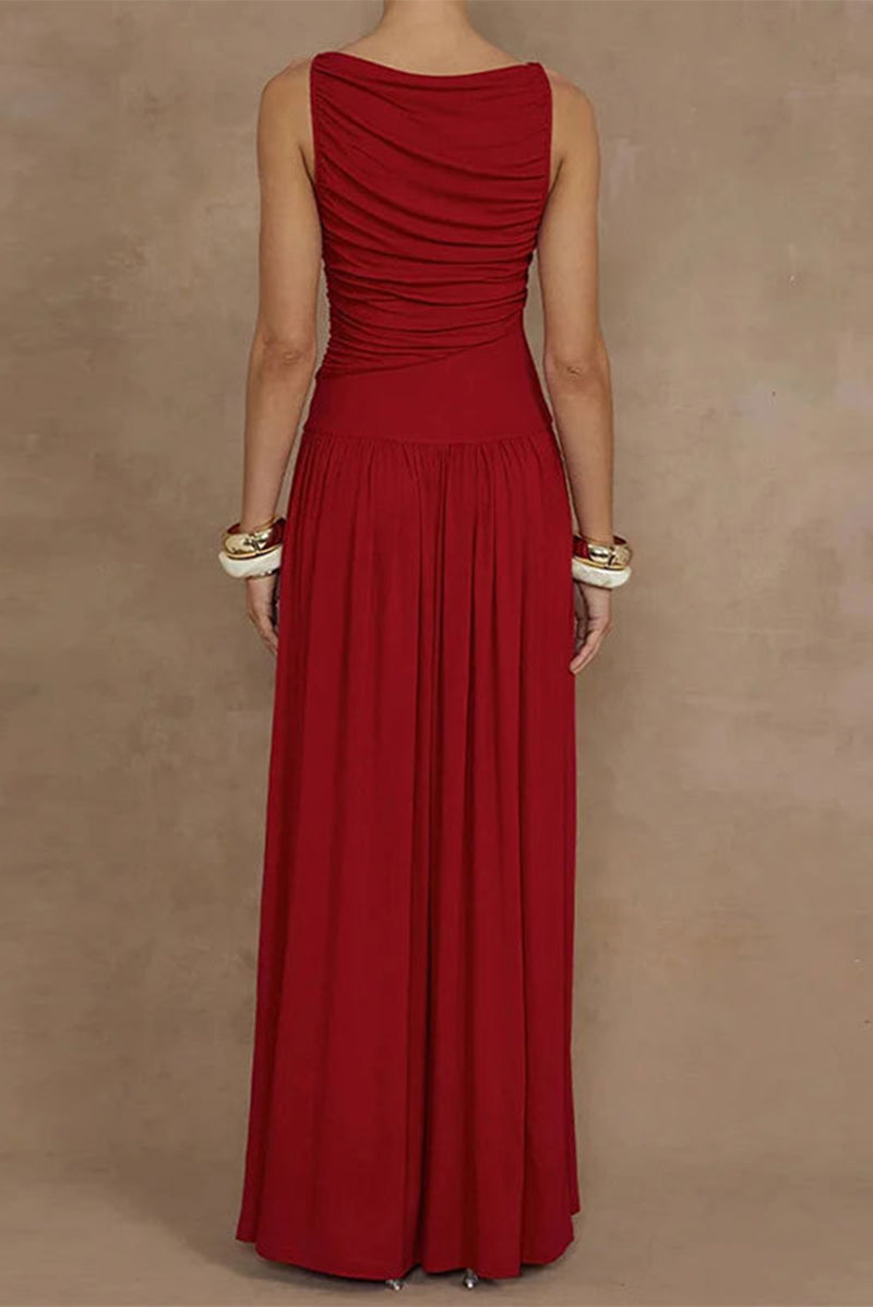 Vestidos largos casuales de color sólido con cuello redondo fruncido